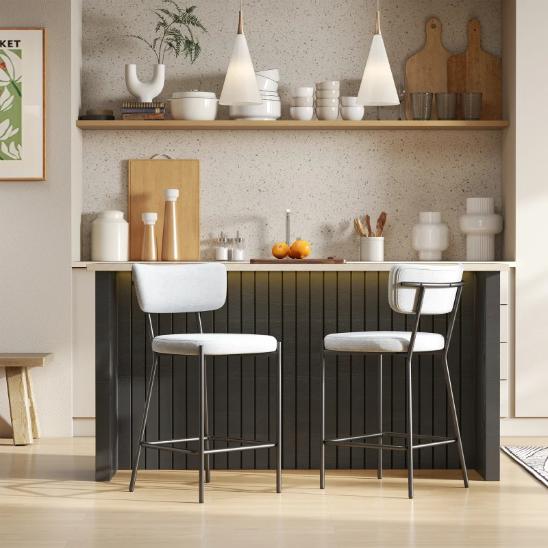 HOMCOM Pack de 2 taburetes de bar, sillas de bar, asiento acolchado, respaldo curvado y reposapiés, 49 x 53 x 93 cm, gris