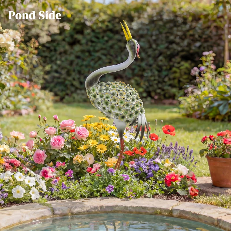 Outsunny Statui de grădină, sculptură de stârc din metal, statui de păsări 71 cm, pentru curte, iaz, terasă, verde