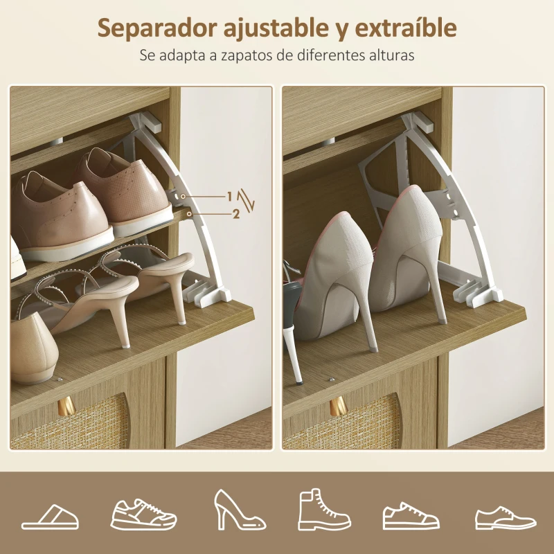 HOMCOM Zapatero Estrecho con 4 Puertas de Ratán con Estantes Ajustables para 16 Pares de Zapatos 104,5x24x88 cm Natural