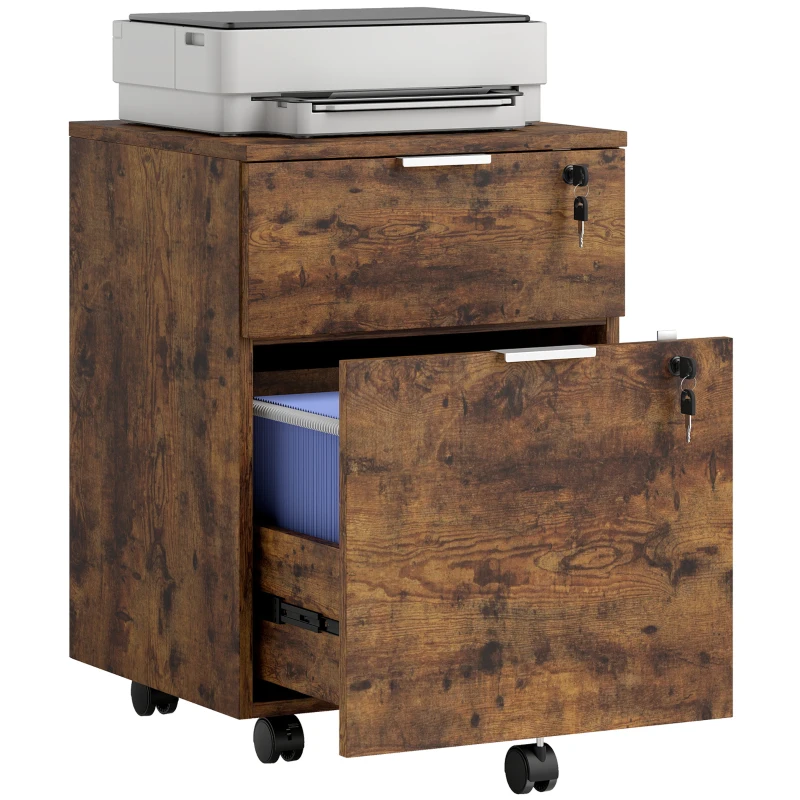 HOMCOM Two-Drawer Lockable Filing Cabinet - Black and Rustic Brown