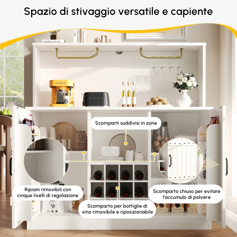 Aparador moderno con estante para copas de vino, almacenamiento en varios niveles, 120x40x120 cm, Blanco