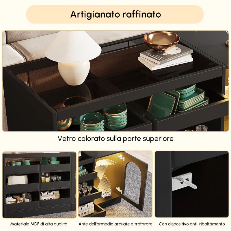Mueble de cajones moderno, aparador de comedor con luz LED y 6 cajones, 120x40x75 cm, Negro