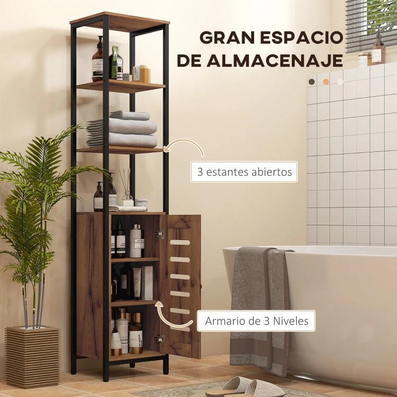 kleankin Columna de Baño Estrecha con Puerta de Lamas Estantes Ajustables Compartimentos Abiertos 37x30x167 cm Marrón Rústico