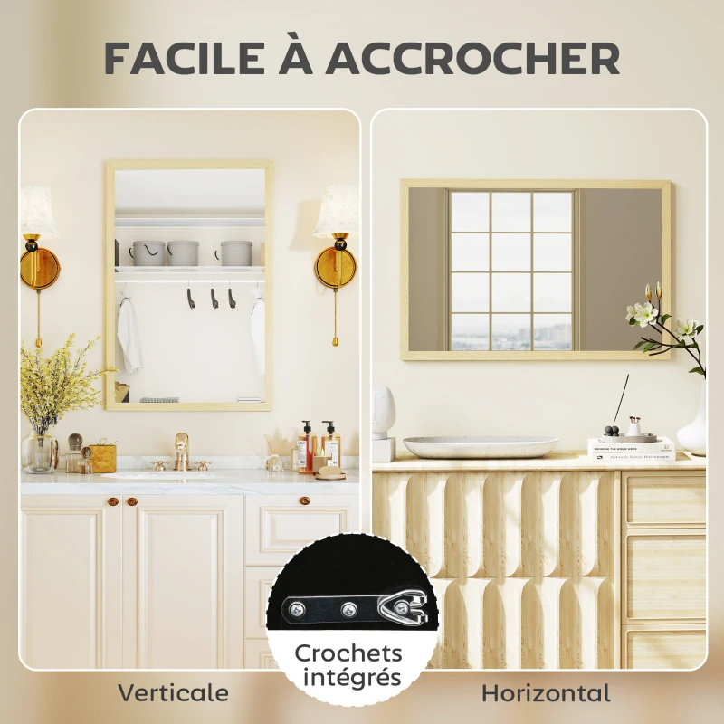 HOMCOM Miroir mural rectangulaire 60 x 40 cm, cadre en bois naturel, idéal pour la salle de bain, salon ou chambre