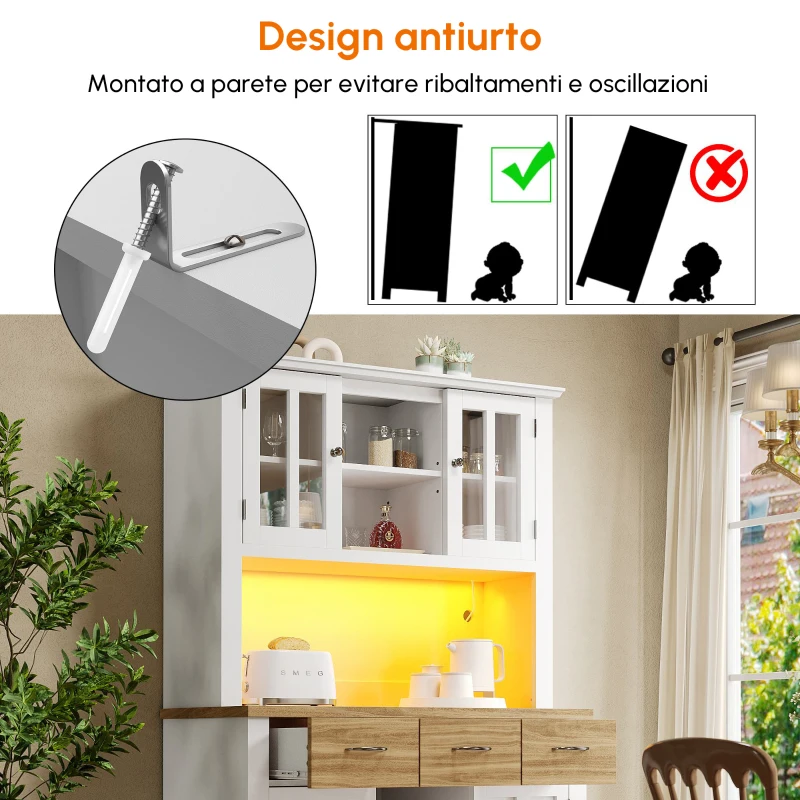 Mobile alto per cucina con illuminazione LED, 106x40x179,5 cm, Legno e Bianco