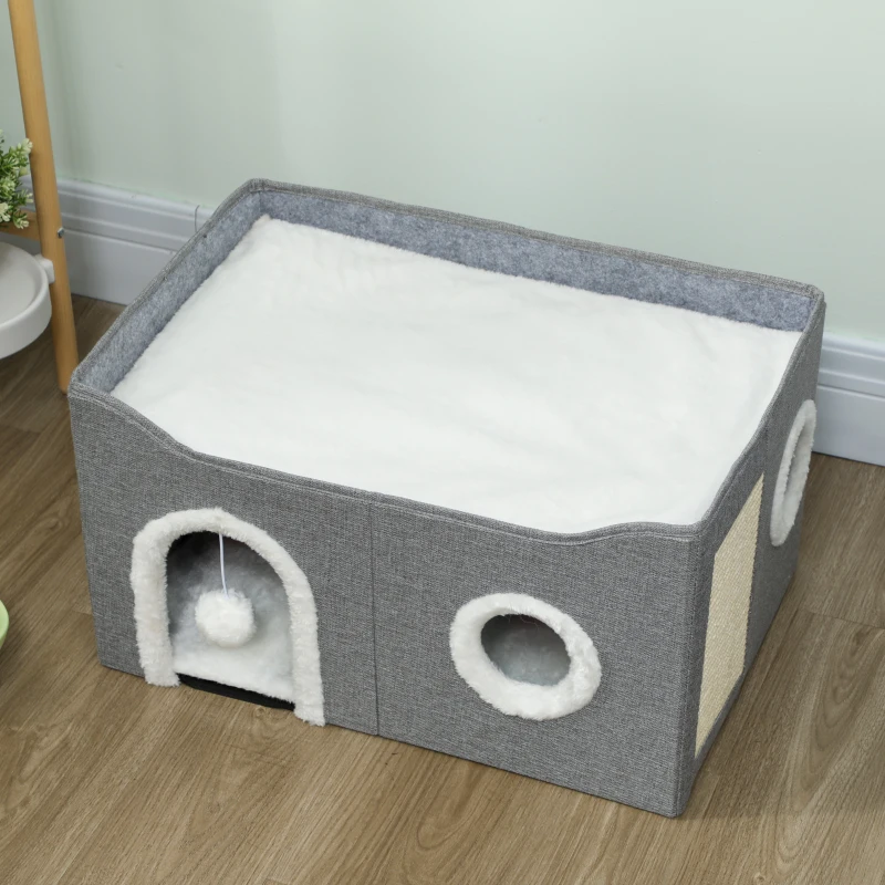 PawHut Casa para Gatos Plegable con Rascador 3 Entradas Bola Colgante Cojín Reversible en Felpa y Tipo Lino 60x40X34 cm Gris