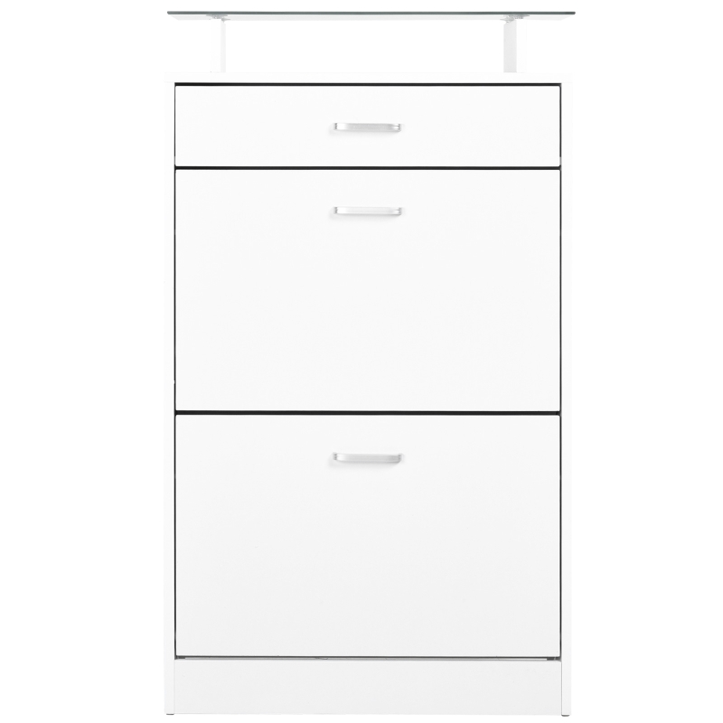 HOMCOM Móvel Sapateira de 2 Portas Sapateira Estreito para 12 Pares de Sapatos com Gaveta Prateleira Aberta e Bancada de Vidro para Corredor Entrada Carga Máx. 50kg 60x24x105,5cm Branco