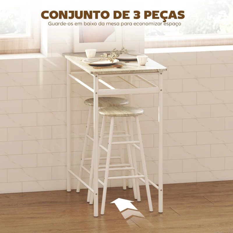 HOMCOM Conjunto de Móvel Bar com Mesa Alta e 2 Bancos com Prateleira de Armazenamento e Estrutura de Metal 80x50x90cm Branco e Madeira