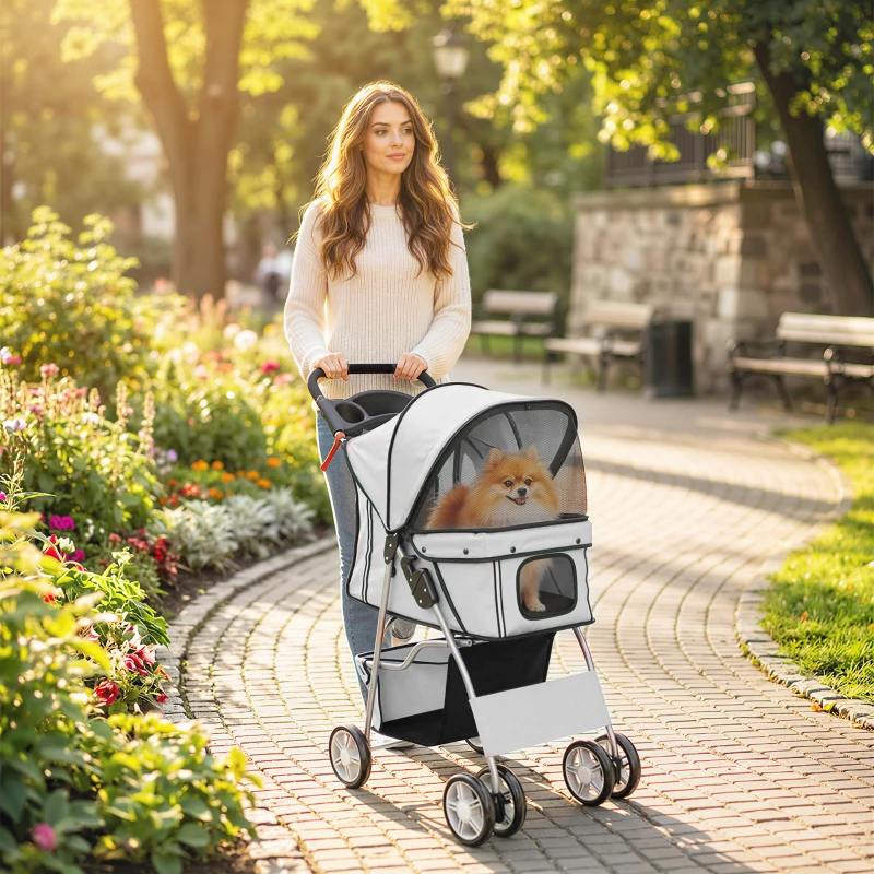 PawHut Poussette buggy pliable animaux chariot pliante chien chat porte-gobelet panier de rangement 75 x 45 x 97 cm gris