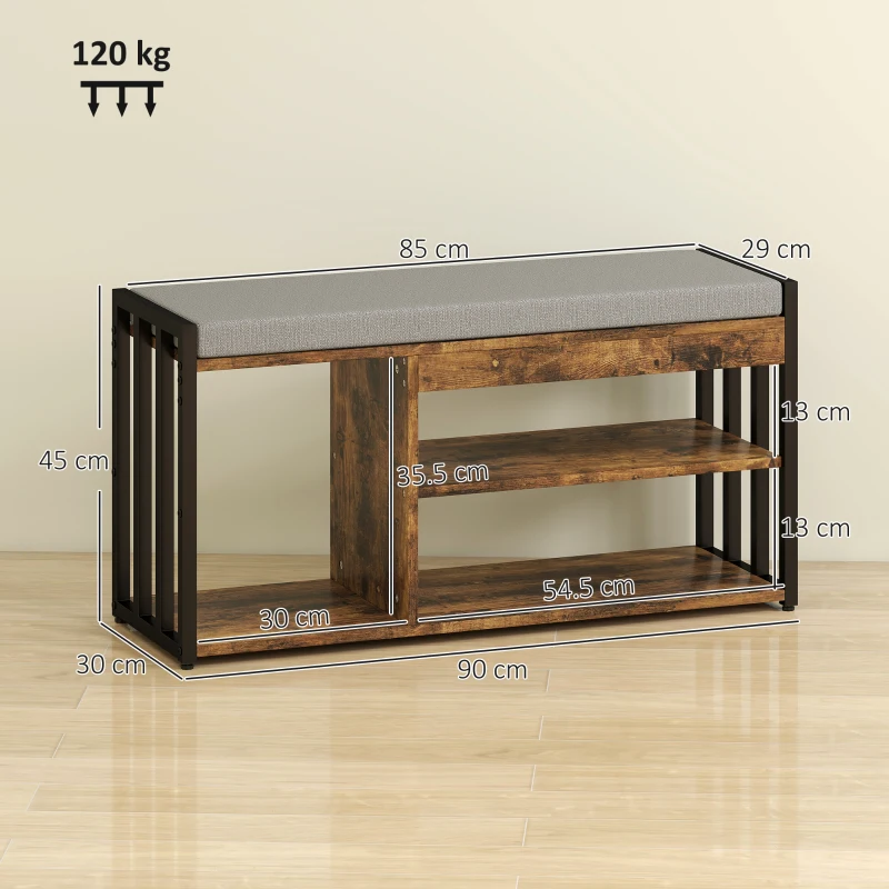 HOMCOM Shoe Storage with Seat, Upholstered Entryway Bench, Shoe Bench with 3 Open Shelves for Hallway, Rustic Brown