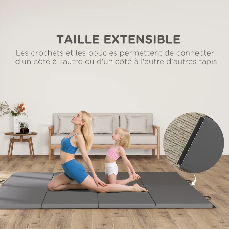HOMCOM Tapis de gymnastique yoga pilates fitness pliable en 4 avec poignées revêtement synthétique 240 x 120 x 5 cm gris
