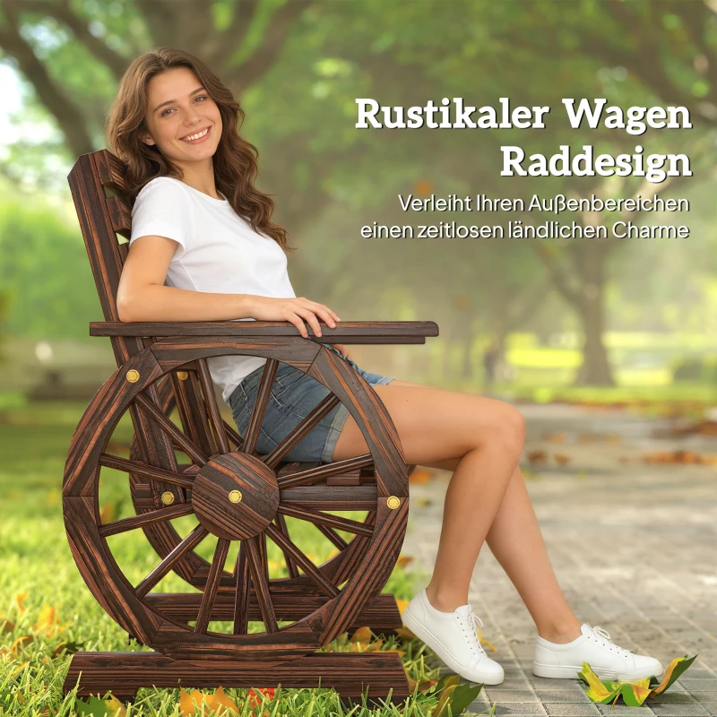 Outsunny Gartenstuhl Holz Gartensessel mit Wagenräder-Design, Holzstuhl im Landhausstil Verkohlt