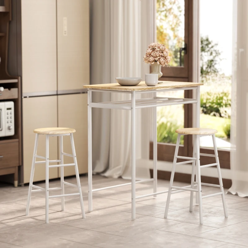 HOMCOM Conjunto de Móvel Bar com Mesa Alta e 2 Bancos com Prateleira de Armazenamento e Estrutura de Metal 80x50x90cm Branco e Madeira