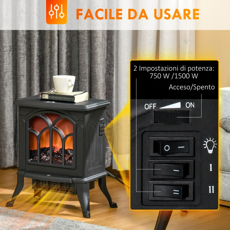 HOMCOM Camino Elettrico da Terra con 2 Livelli di Potenza 750/1500 W, Effetto Fiamma, Area di Copertura 15-20 m², Nero