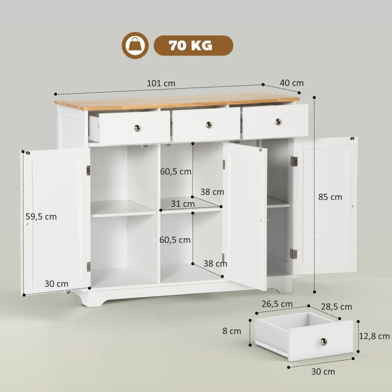 HOMCOM Aparador de Cocina Mueble Auxiliar de Almacenaje para Comedor Salón Estilo Moderno Antivuelco 101x40x85 cm Blanco