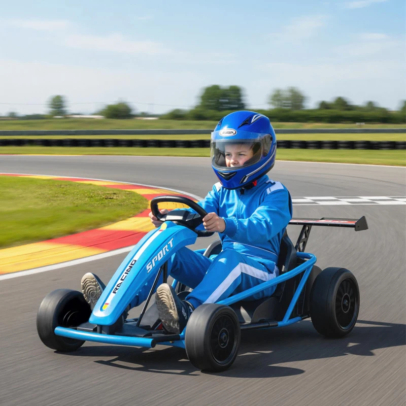 AIYAPLAY 24V Elektrische go-kart om te rijden en te driften, nylonbanden, veiligheidsgordel, toeter, muziek voor 8-12 jaar Blauw