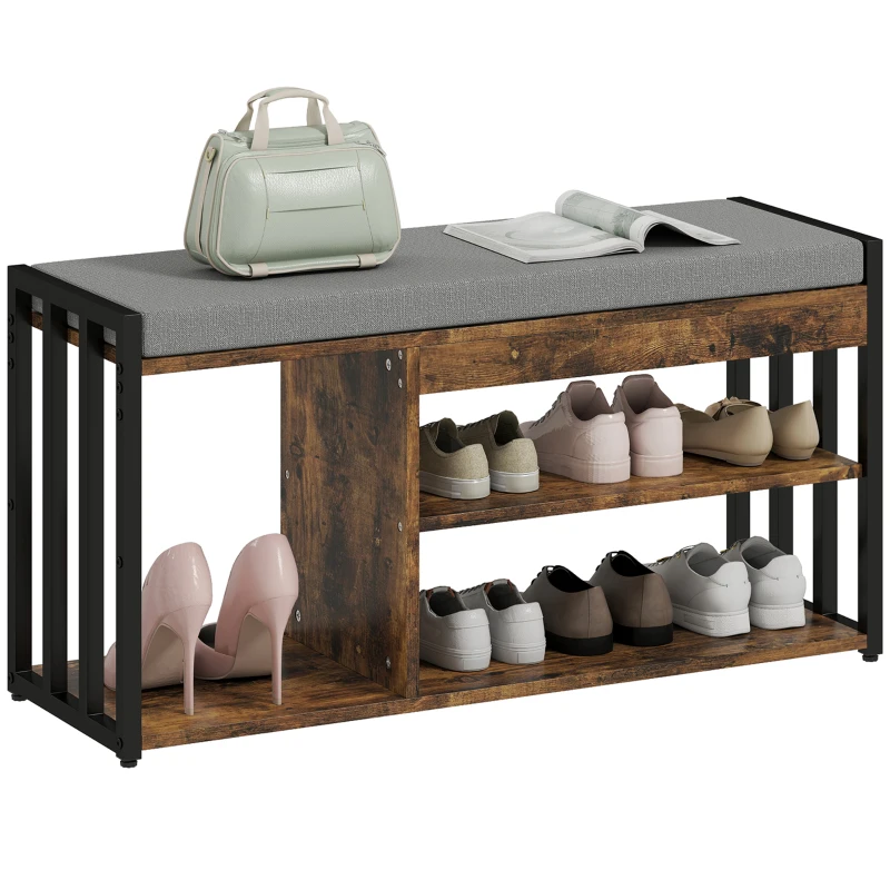 HOMCOM Shoe Storage with Seat, Upholstered Entryway Bench, Shoe Bench with 3 Open Shelves for Hallway, Rustic Brown