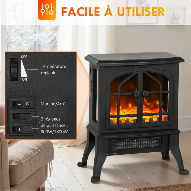 HOMCOM Cheminée électrique avec effet flamme 3D, 1800/900 W, fausse cheminée décorative, thermostat réglable, 39x24x48cm, noir