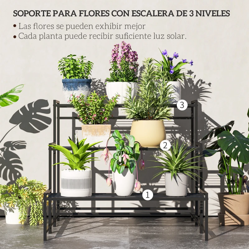 Outsunny Soporte para Plantas de Tres Niveles con Diseño en Escalera y Estructura Metálica Resistente para Interior y Exterior