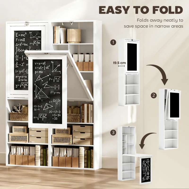 HOMCOM Fold-out Convertible Writing Desk Wall Mount Cabinet with Blackboard and Side Shelf Multi-Function Home Office Workstation, White