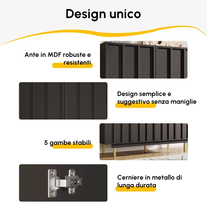 Mobile da pranzo minimalista, con 4 ante e ripiani regolabili, 140x38,5x82.5 cm, Nero