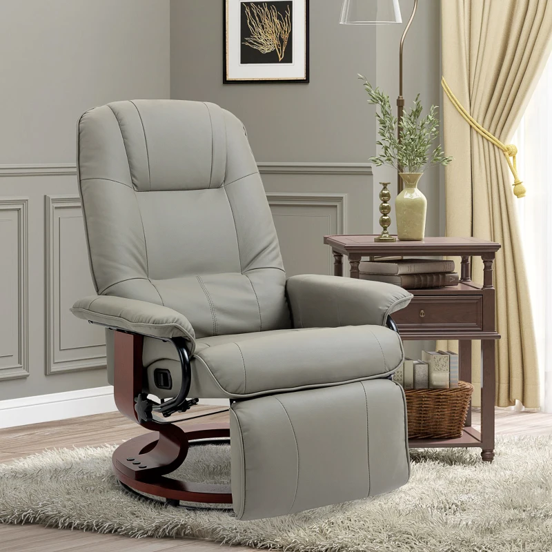HOMCOM Fauteuil relax inclinable repose-pieds réglable pivotant 360° piètement bois revêtement synthétique gris(m-10)