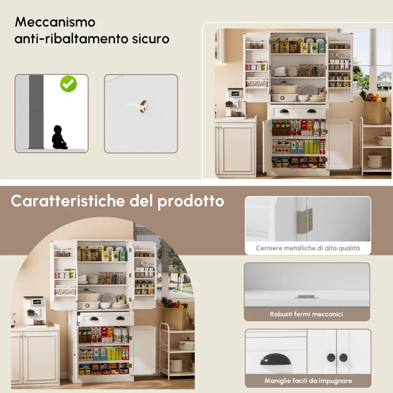 Armadio contenitore moderno con 4 ante e 1 cassetto, 6 ripiani portaoggetti e 4 ripiani regolabili, adatto per cucina, sala da pranzo e soggiorno, 80x40x182 cm, Bianco