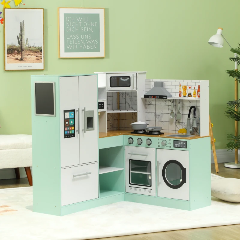 AIYAPLAY Speelkeuken Set met Krijtbord, Afzuigkap, Realistische Licht- en Geluidseffecten, Keukengerei(m-10)