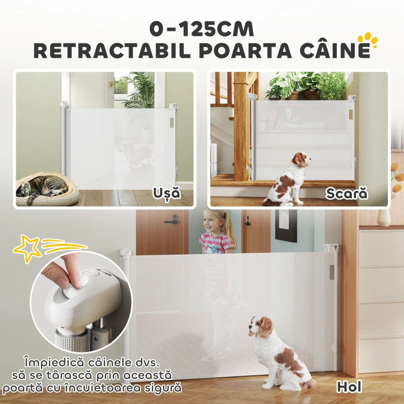 PawHut Cancel pentru câini mici extensibil 0-144 cm și retractabil cu blocare automată, Alb
