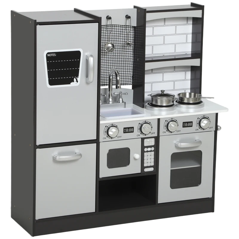 AIYAPLAY Cozinha de Madeira com Som Cozinha de Brincar Infantil com Acessórios em Aço Inoxidável Frigorífico Micro-Ondas, Lava-Loiça 81x27x79,7 cm Castanho Escuro