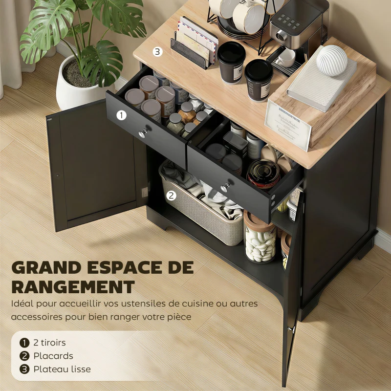 HOMCOM Meuble de rangement buffet salon avec placards, 2 tiroirs et étagères réglables, 68x40,3x85cm, noir et bois naturel