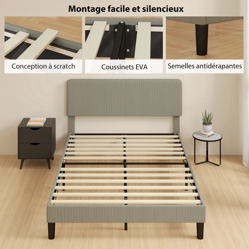 HOMCOM Cadre de lit 140 x 190 cm, sommier à lattes en bois, tête de lit réglable, lit double rembourré en velours côtelé, gris