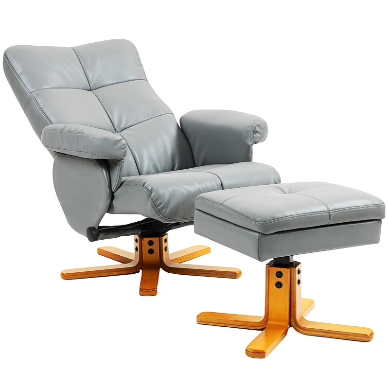 HOMCOM PU Leather Swivel Recliner Chair with Footstool, Wooden Base and Storage for Living Room, Light Grey