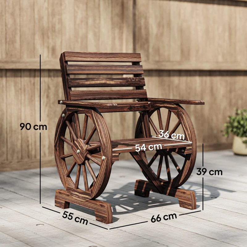 Outsunny Chaise de Jardin en Bois, Style Roue de Chariot, Siège Large à Lattes, Dossier Incliné, 66x55x90cm, Finition Carbonisée