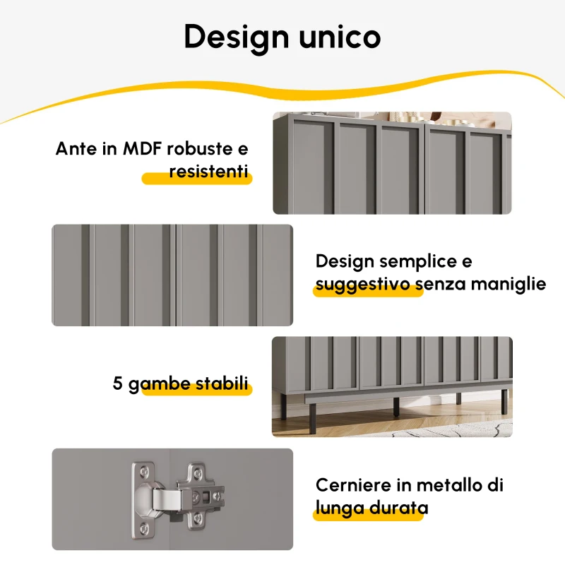 Mobile da pranzo minimalista con 4 ante e ripiani regolabili, 140x38,5x82.5 cm, Grigio