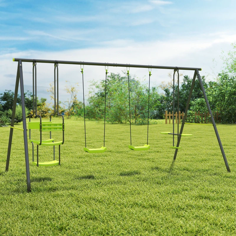 Outsunny Balançoire 4 agrès portique avec balançoire - dim. 3,55L x 1,84l x 1,86H m métal époxy anticorrosion PE Gris