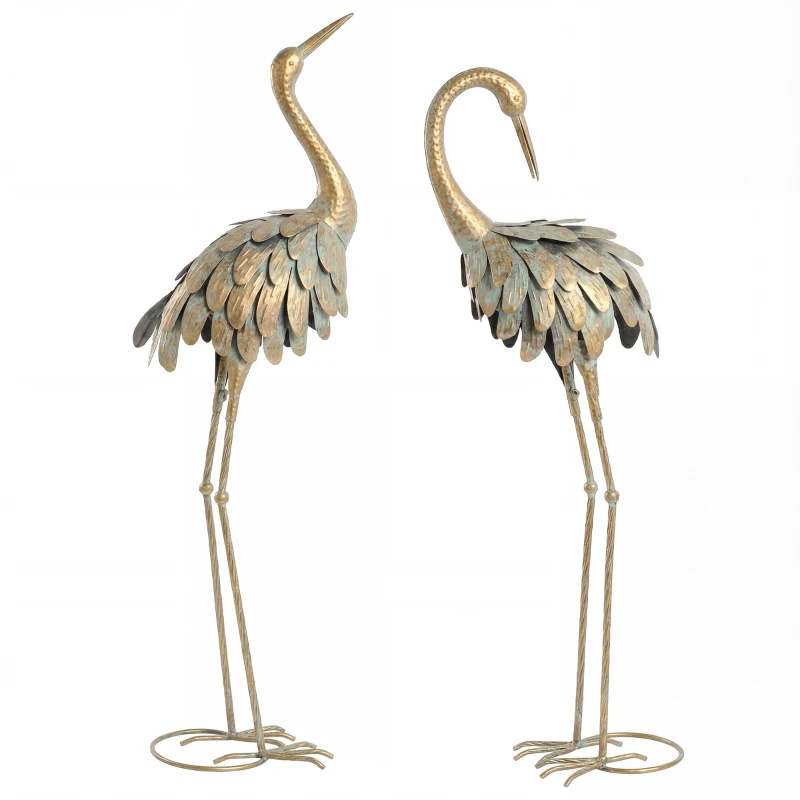 Outsunny Set de 2 statui de grădină, sculptură de stârc din metal, statui de păsări 91/95cm, pentru curte, iaz, terasă, auriu/albastru