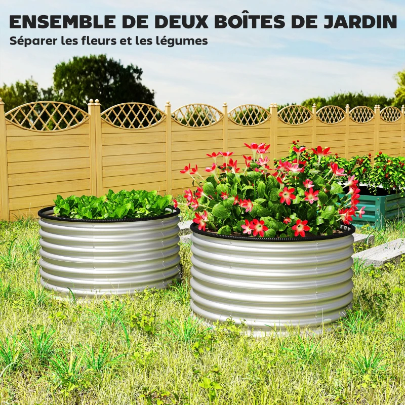 Outsunny Lot de 2 jardinières surélevées kit de jardinière ronde surélevée fonds ouverts acier galvanisé 90 x 90 x 56 cm argent