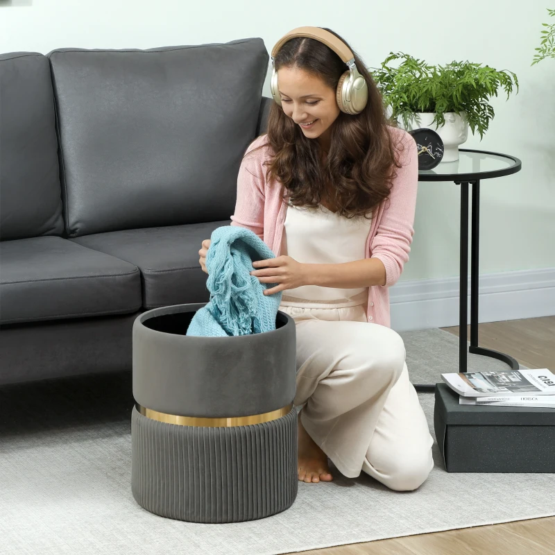 HOMCOM Velvet-Feel Storage Ottoman - Grey