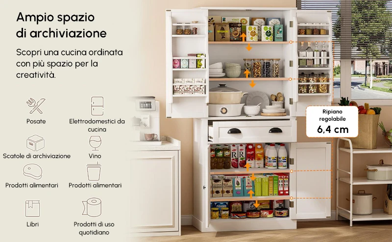 Armadio contenitore moderno con 4 ante e 1 cassetto, 6 ripiani portaoggetti e 4 ripiani regolabili, adatto per cucina, sala da pranzo e soggiorno, 80x40x182 cm, Bianco