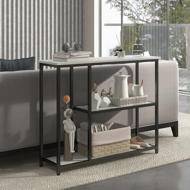 HOMCOM Console meuble 100 cm, table console 3 niveaux, plateaux en effet marbre, cadre en acier, blanc