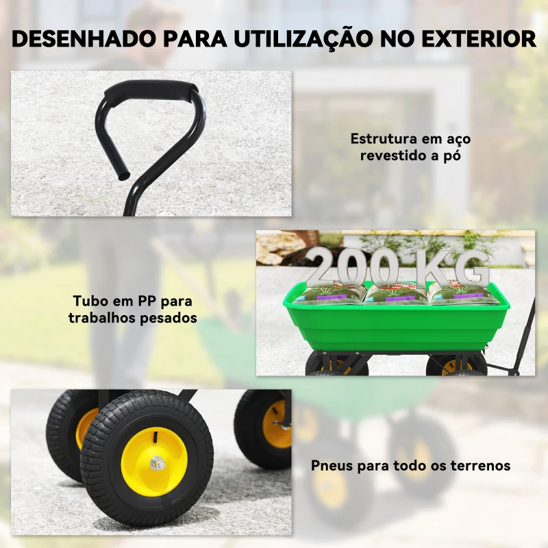 Outsunny Carrinho de Jardim com Caçamba Inclinável até 75° Carrinho de Mão com Guiador Ajustável 109x52x94 cm Verde Escuro