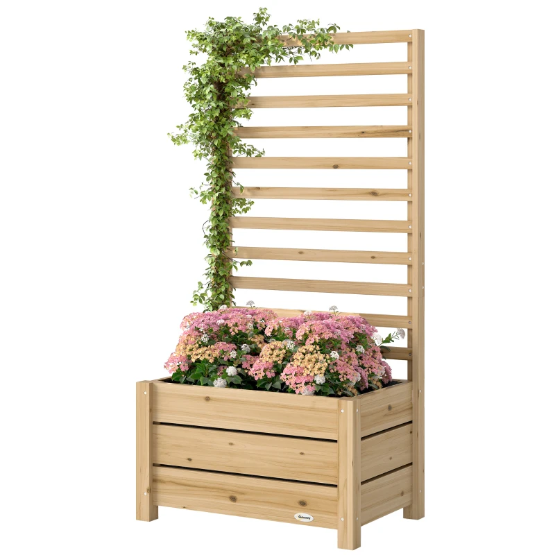 Outsunny Huerto elevado con enrejado de madera macetero elevado con celosía orificio de drenaje forro de tejido no tejido 60 x 39 x 120 cm Madera natural