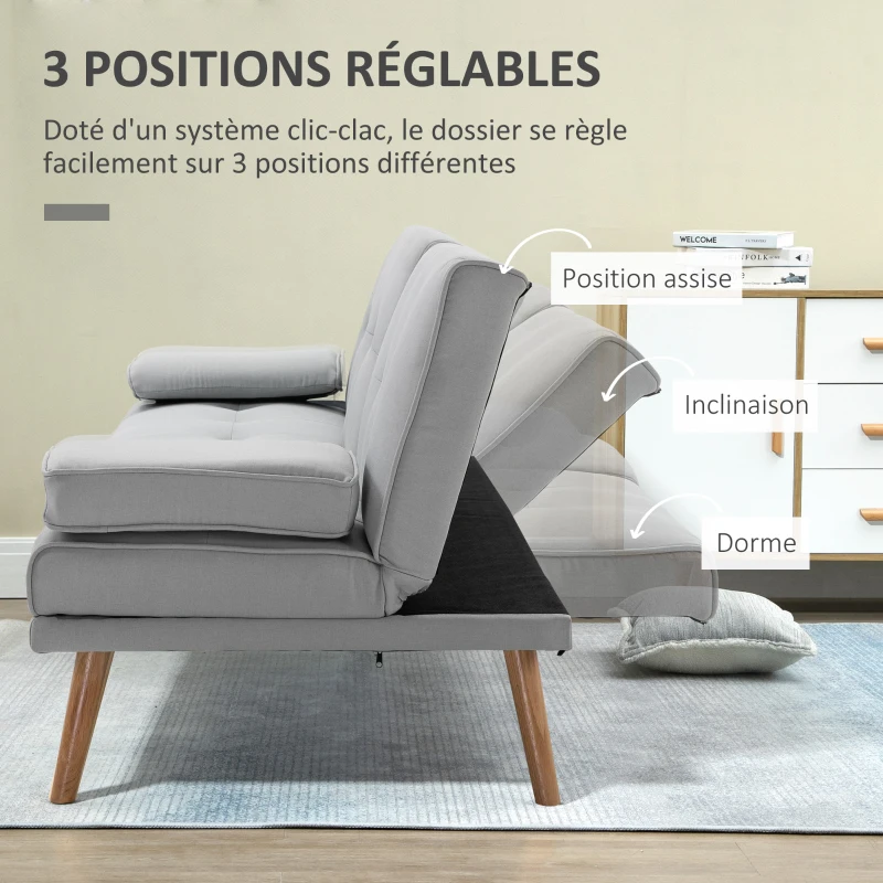 HOMCOM Canapé convertible 3 places, canapé-lit rembourré avec dossier réglable 3 niveaux, 2 coussins et 2 porte-gobelets intégrés, tissu de lin, pour salon, chambre d'amis, petit espace, gris clair