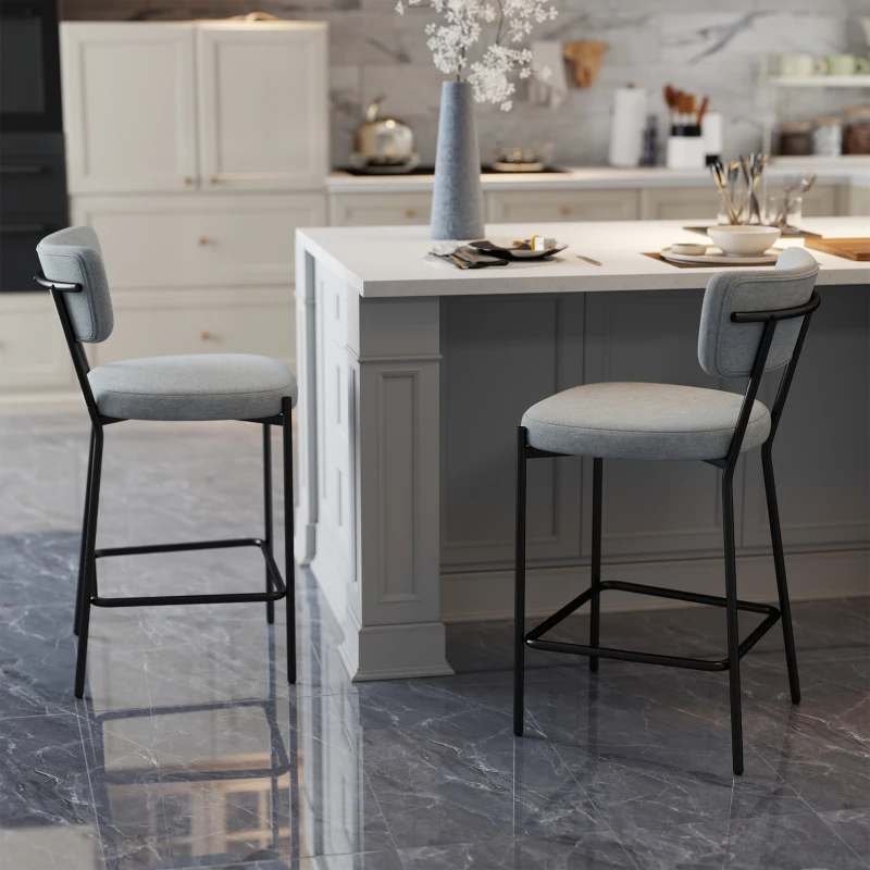 HOMCOM Pack de 2 taburetes de bar, sillas de bar, asiento acolchado, respaldo curvado y reposapiés, 49 x 53 x 93 cm, gris