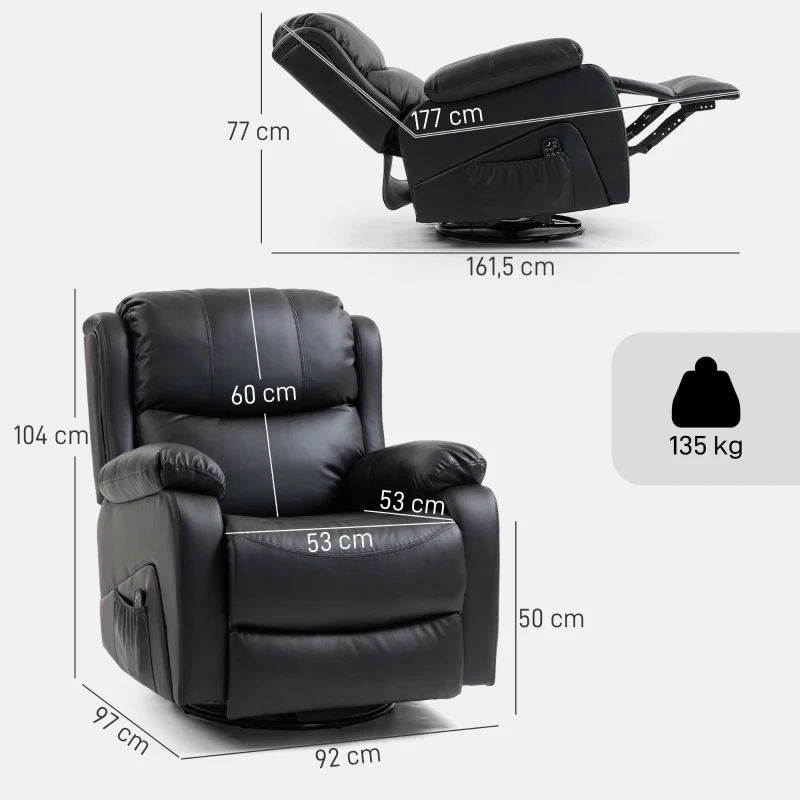 HOMCOM Fauteuil Relax Inclinable avec 8 Points Massants, Chauffants et Repose-pieds, 87x97X100 cm, Noir