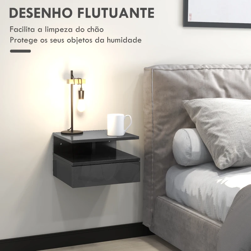 HOMCOM Conjunto de 2 Mesas de Cabeceira Flutuantes com Gaveta e Prateleira Aberta para Sala de Estar, 35x32x22,5 cm Preto Brilhante