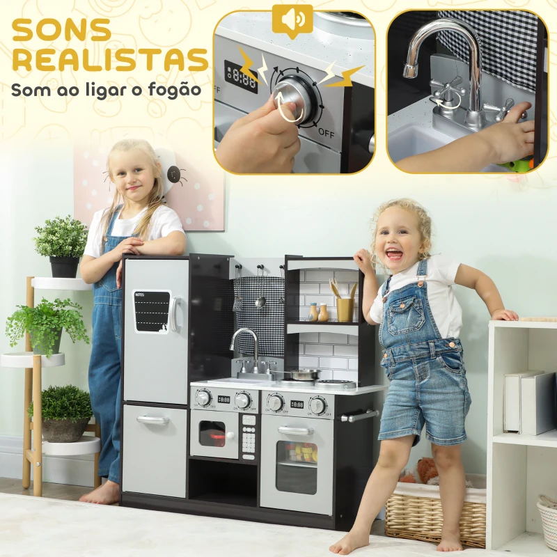 AIYAPLAY Cozinha de Madeira com Som Cozinha de Brincar Infantil com Acessórios em Aço Inoxidável Frigorífico Micro-Ondas, Lava-Loiça 81x27x79,7 cm Castanho Escuro