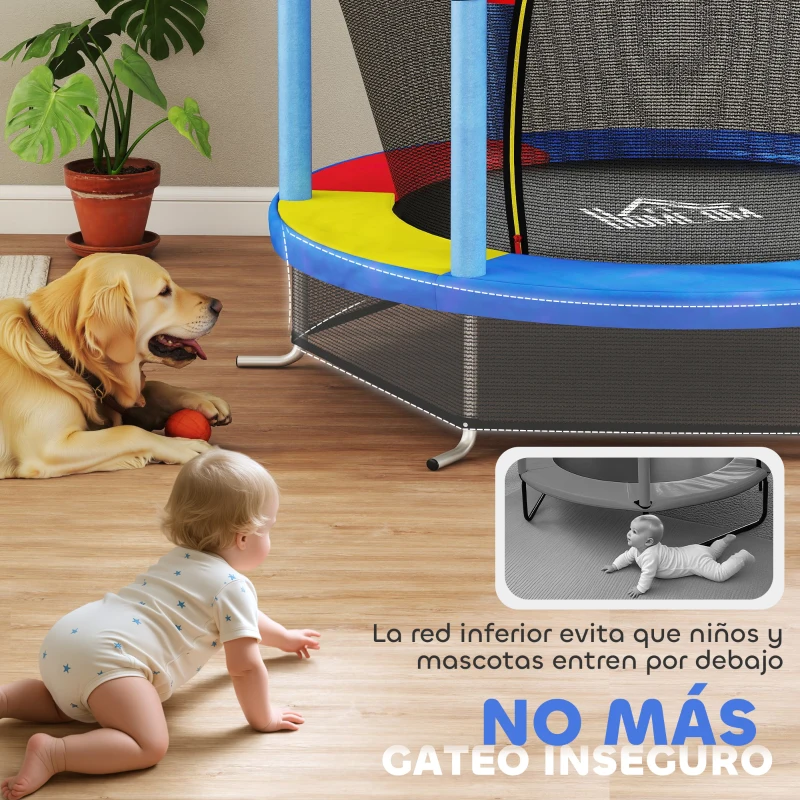HOMCOM Cama Elástica Infantil Trampolín para Niños de 3-6 Años con Red de Seguridad Carga 45 kg Ø140x190 cm Multicolor