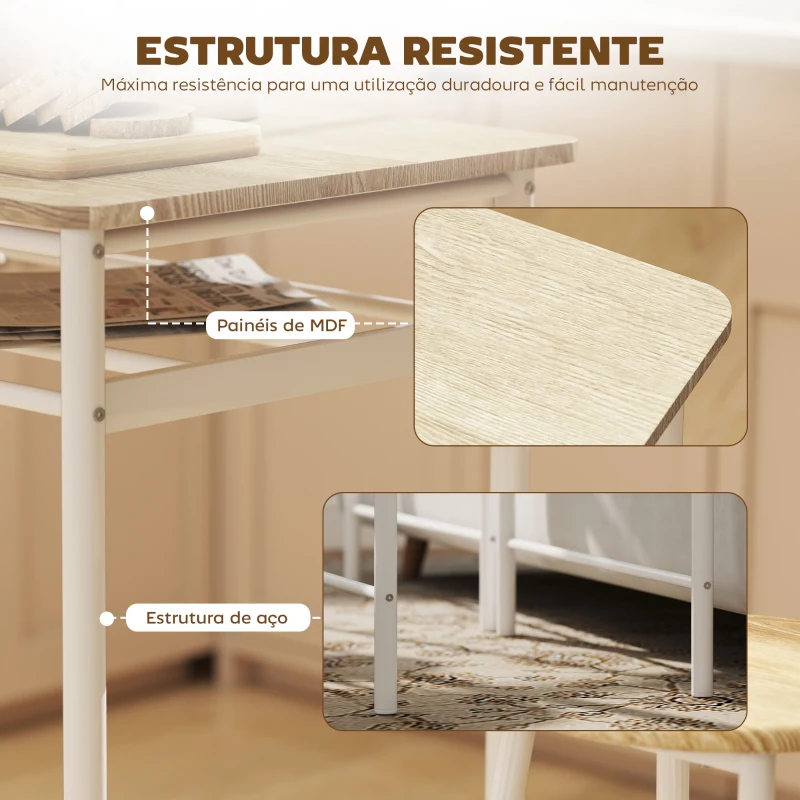 HOMCOM Conjunto de Móvel Bar com Mesa Alta e 2 Bancos com Prateleira de Armazenamento e Estrutura de Metal 80x50x90cm Branco e Madeira
